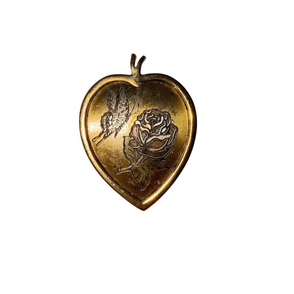 Reed & Barton Heart Dangle Charm Pendant Gold Tone Butterfly Rose Signed